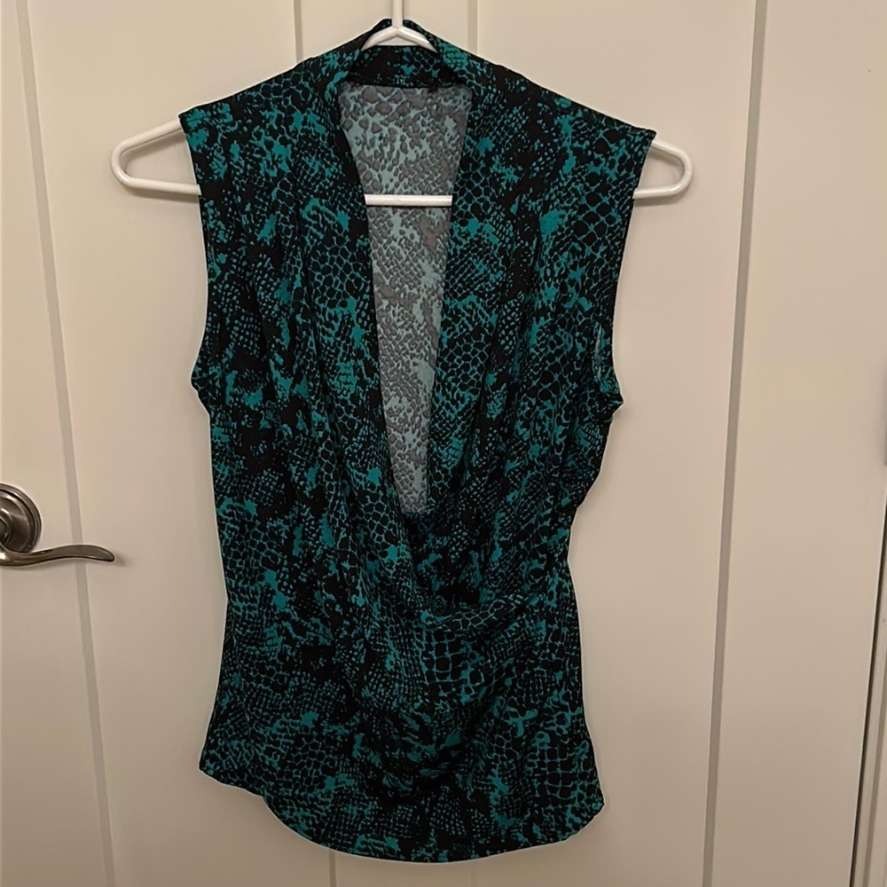 Femme Green & Black Reptile Pattern Sleeveless Faux Wrap Stretchy Top